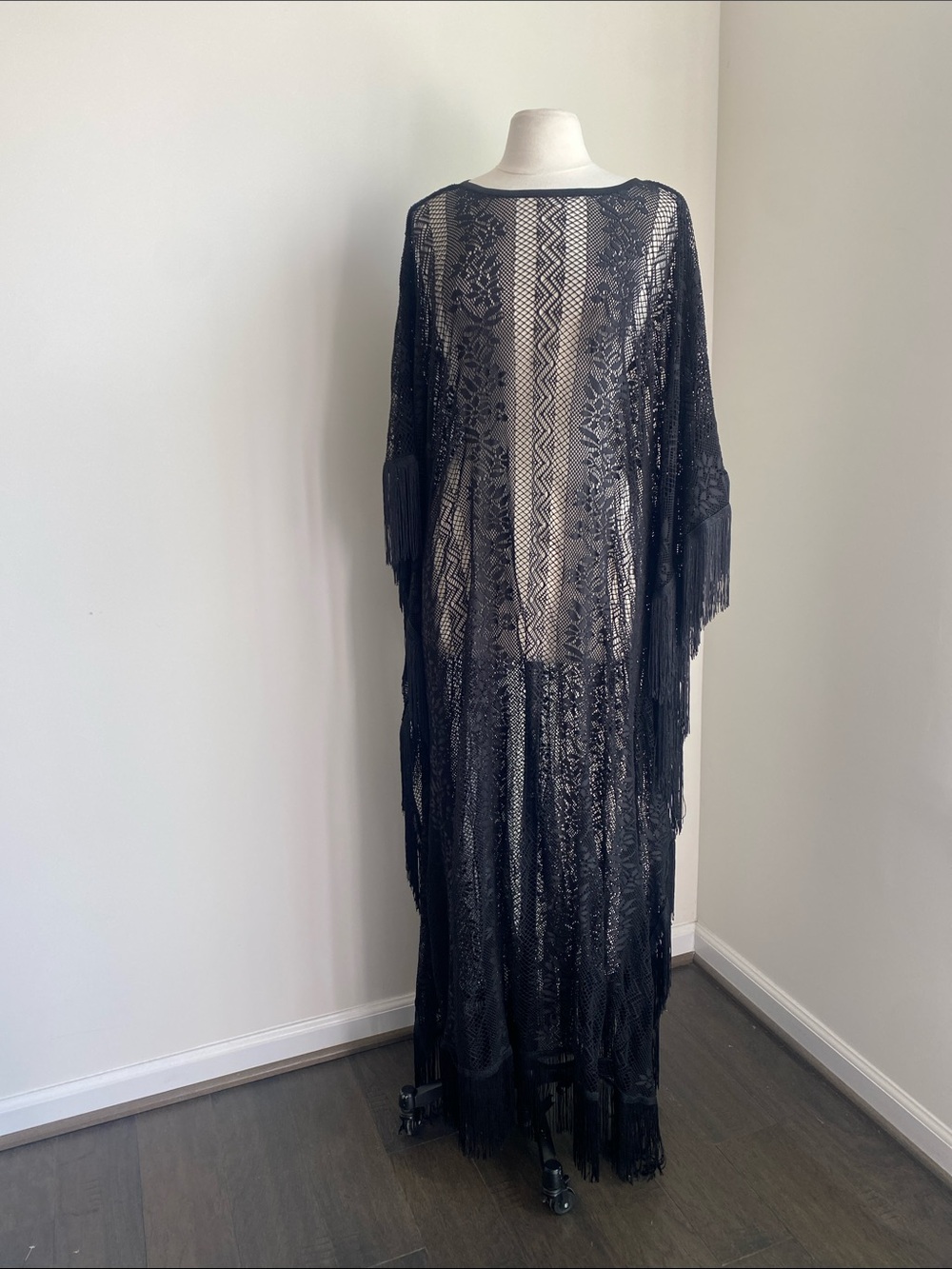 Custom Black Sheer Stretch Mesh Fringe Coverup Womens Sz Large